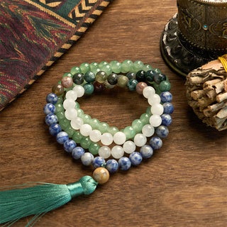 Buddha Gift 108 Mala Beads Natural Green Aventurine Blue Spot Jasper Indian Agate Green Tassel Luck Bracelet