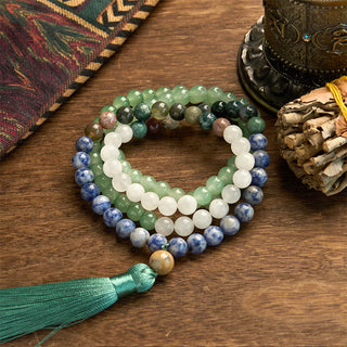 Buddha Gift 108 Mala Beads Natural Green Aventurine Blue Spot Jasper Indian Agate Green Tassel Luck Bracelet
