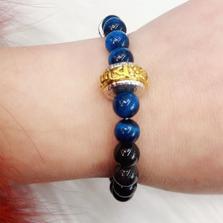 Buddha Gift Silver Sheen Obsidian Blue Tiger Eye Om Mani Padme Hum Protection Bracelet