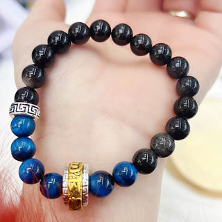 Buddha Gift Silver Sheen Obsidian Blue Tiger Eye Om Mani Padme Hum Protection Bracelet