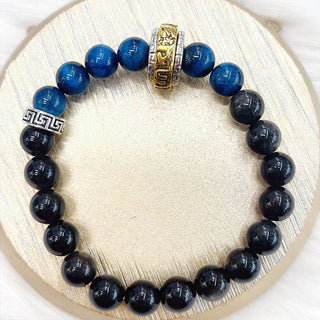 Buddha Gift Silver Sheen Obsidian Blue Tiger Eye Om Mani Padme Hum Protection Bracelet