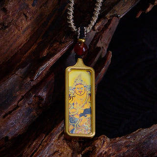 Buddha Gift Tibet Zakiram Yellow God of Wealth Nine Tailed Fox Hand-Painted Thangka Calm Necklace Pendant