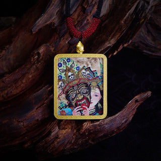 Buddha Gift Tibetan Zakiram Nine Tailed Fox Yellow God of Wealth Painted Thangka Hope Necklace Pendant
