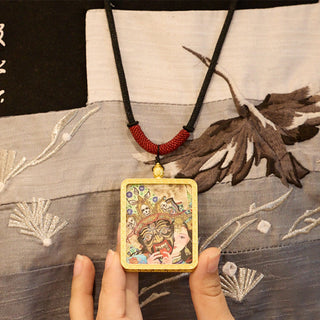 Buddha Gift Tibetan Zakiram Nine Tailed Fox Yellow God of Wealth Painted Thangka Hope Necklace Pendant
