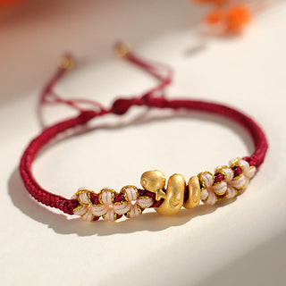 Buddha Gift Handmade 999 Sterling Silver Year Of The Snake Red String Heart Peach Blossom Luck Bracelet