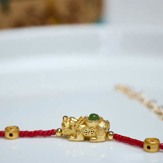 Buddha Gift 24k Gold Plated 925 Sterling Silver Liuli Glass Bead PiXiu Four Leaf Clover Joy And Happiness Wealth Bracelet