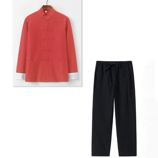 Buddha Gift 2Pcs Fall Men's Tang Suit Frog-Button Cotton Long Sleeve Shirt Pants Set