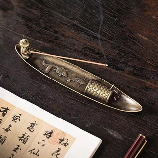 Buddha Gift Fisherman Boat Koi Fish Zinc Alloy Incense Stick Holder Healing Incense Burner Decoration