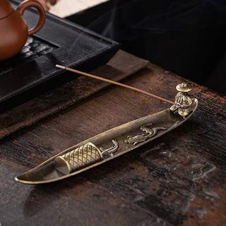 Buddha Gift Fisherman Boat Koi Fish Zinc Alloy Incense Stick Holder Healing Incense Burner Decoration