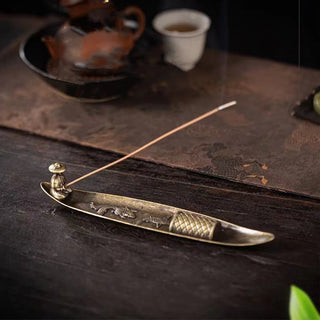 Buddha Gift Fisherman Boat Koi Fish Zinc Alloy Incense Stick Holder Healing Incense Burner Decoration