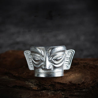 Buddha Gift 999 Sterling Silver Hand Casting Sanxingdui Mask Protection Ring