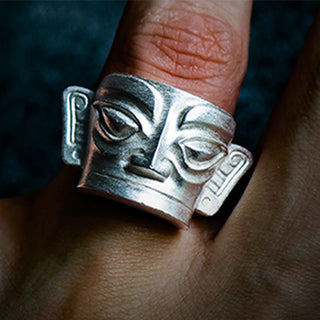 Buddha Gift 999 Sterling Silver Hand Casting Sanxingdui Mask Protection Ring