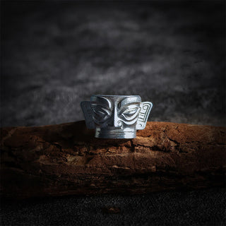 Buddha Gift 999 Sterling Silver Hand Casting Sanxingdui Mask Protection Ring