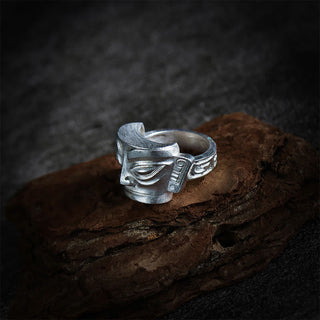 Buddha Gift 999 Sterling Silver Hand Casting Sanxingdui Mask Protection Ring