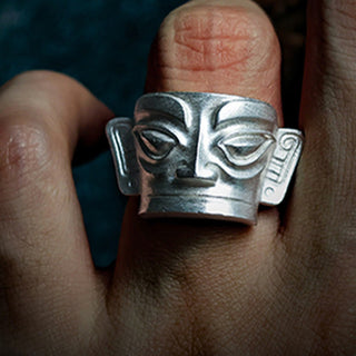Buddha Gift 999 Sterling Silver Hand Casting Sanxingdui Mask Protection Ring
