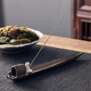 Buddha Gift Fisherman Zen Healing Brown Ceramic Stick Incense Burner Decoration