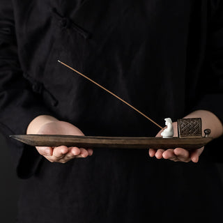 Buddha Gift Fisherman Zen Healing Brown Ceramic Stick Incense Burner Decoration