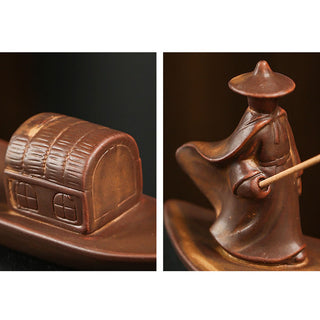 Buddha Gift Fisherman Fishing Boat Bamboo Buddha Hand Lotus Spiritual Healing Ceramic Stick Incense Burner Decoration