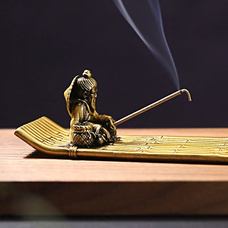 Buddha Gift Fisherman Bamboo Fishing Boat Alloy Incense Stick Holder Healing Incense Burner Decoration