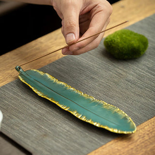 Buddha Gift Green Feather Gold Edge Healing Ceramic Incense Burner Decoration