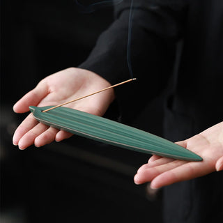 Buddha Gift Green Bamboo Leaf Healing Ceramic Incense Burner Decoration