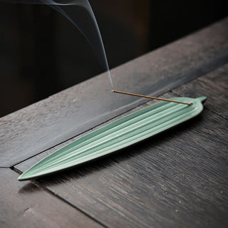 Buddha Gift Green Bamboo Leaf Healing Ceramic Incense Burner Decoration