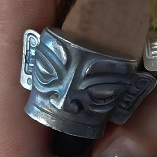 Buddha Gift 999 Sterling Silver Hand Casting Sanxingdui Mask Protection Ring