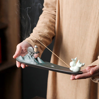 Buddha Gift Moon Rabbit PiXiu Mountain Healing Ceramic Stick Incense Burner Decoration