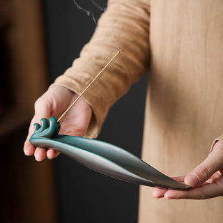 Buddha Gift Three Stones Waves Butterfly Bamboo Healing Ceramic Stick Incense Burner Decoration