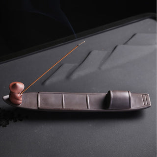 Buddha Gift Fisherman Boat Purple Clay Peace Healing Ceramic Stick Incense Burner Decoration