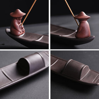 Buddha Gift Fisherman Boat Purple Clay Peace Healing Ceramic Stick Incense Burner Decoration