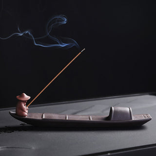 Buddha Gift Fisherman Boat Purple Clay Peace Healing Ceramic Stick Incense Burner Decoration