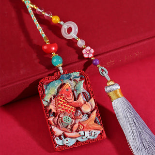 Buddha Gift Natural Cinnabar Koi Fish Lotus Design Blessing Peace Buckle Car Hanging Decoration