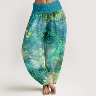 Buddha Gift Koi Fish Lotus Moon Stars Pattern Women's Elastic Waist Harem Pants
