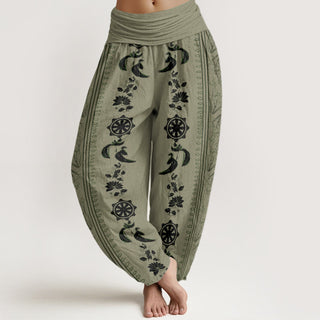 Buddha Gift Dharma Wheel Lotus OM Pattern Women's Elastic Waist Harem Pants