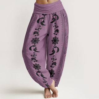 Buddha Gift Dharma Wheel Lotus OM Pattern Women's Elastic Waist Harem Pants