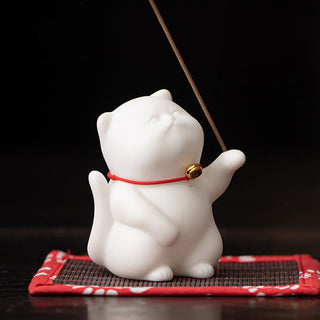 Buddha Gift Cat Bell Bamboo Mat Healing Ceramic Incense Burner Desk Decoration