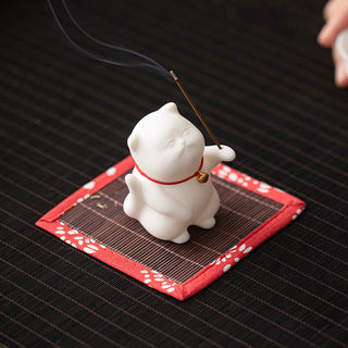 Buddha Gift Cat Bell Bamboo Mat Healing Ceramic Incense Burner Desk Decoration
