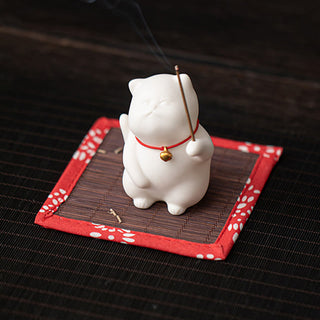 Buddha Gift Cat Bell Bamboo Mat Healing Ceramic Incense Burner Desk Decoration