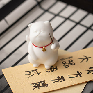 Buddha Gift Cat Bell Bamboo Mat Healing Ceramic Incense Burner Desk Decoration