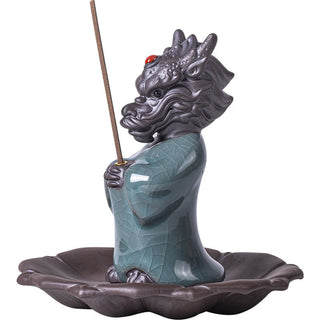 Buddha Gift Praying Dragon King Lotus Base Fu Character Ceramic Healing Incense Burner Desk Decoration