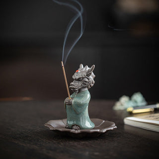 Buddha Gift Praying Dragon King Lotus Base Fu Character Ceramic Healing Incense Burner Desk Decoration