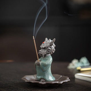 Buddha Gift Praying Dragon King Lotus Base Fu Character Ceramic Healing Incense Burner Desk Decoration