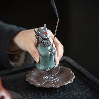Buddha Gift Praying Dragon King Lotus Base Fu Character Ceramic Healing Incense Burner Desk Decoration