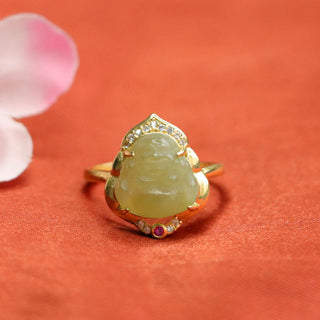 Buddha Gift Natural Hetian Jade Egg Gourd Copper Laughing Buddha Open Luck Ring