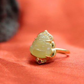 Buddha Gift Natural Hetian Jade Egg Gourd Copper Laughing Buddha Open Luck Ring