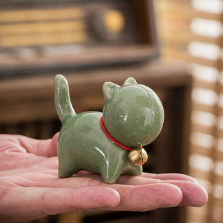 Buddha Gift Mini Cute Lucky Bell Cat Tea Pet Ceramic Home Desk Figurine Decoration