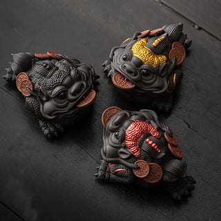 Buddha Gift Feng Shui Frog Toad Copper Coins Ceramic Purple Clay Wealth Home Tea Pet Figurine Decoration