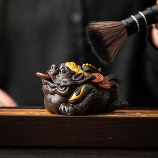 Buddha Gift Feng Shui Frog Toad Copper Coins Ceramic Purple Clay Wealth Home Tea Pet Figurine Decoration