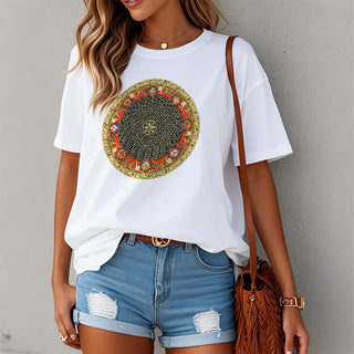 Buddha Gift Circular Om Mani Padme Hum Eight Auspicious Symbols Cotton Tee T-shirt